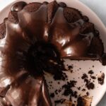 birds eye view of a bundt chocolate cake with chocolate glaze on top