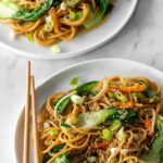 Vegetable lo mein on two plates with chopsticks on the side
