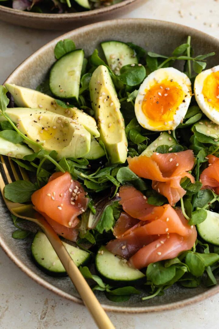 close-up of a bowl with smoked salmon salad