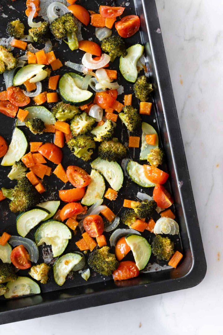 roasted vegetables on a baking tray