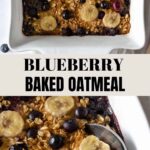 blueberry oatmeal on s baking dish with a spoon on the side