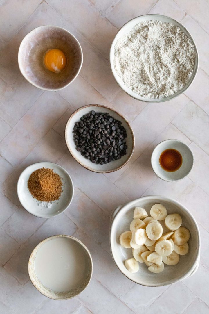 ingredients for banana chocolate chip pancakes