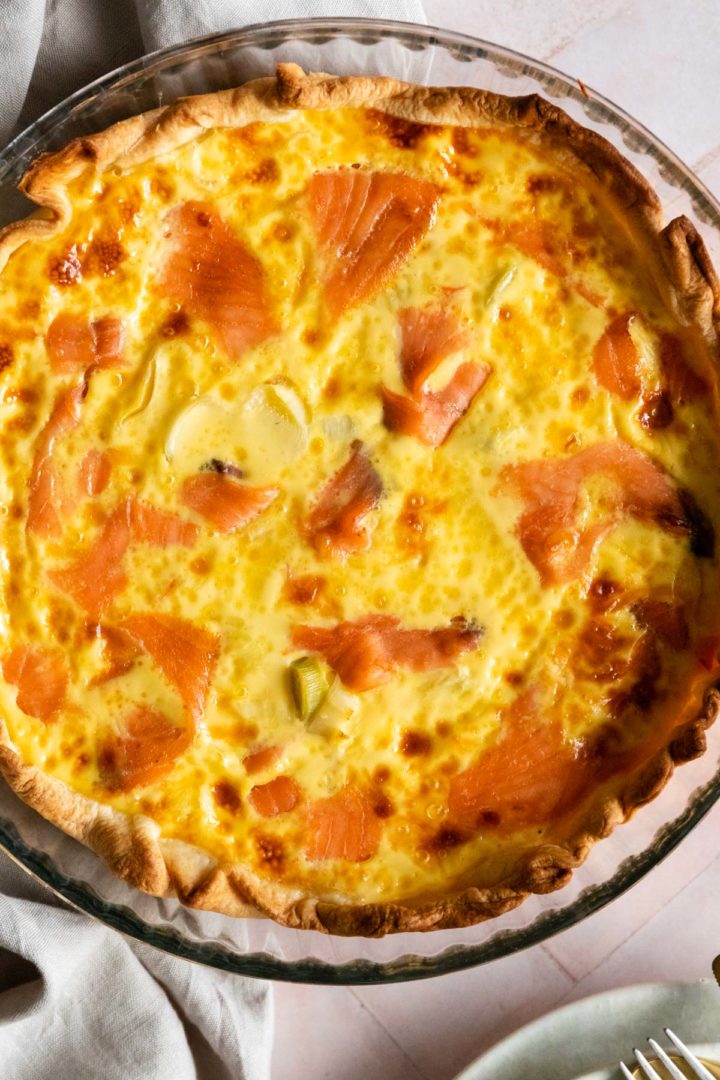close-up of a smoked salmon quiche