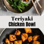 a bowl served with chicken, rice and broccolini and a pan with chicken teriyaki