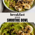two bowls with green smoothie, banana, cacau nibs and peanut crumble