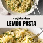 a bowl with lemon pasta, chopped parsley, lemon zest and parmesan cheese