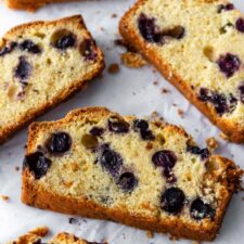 slices of lemon loaf with blueberries