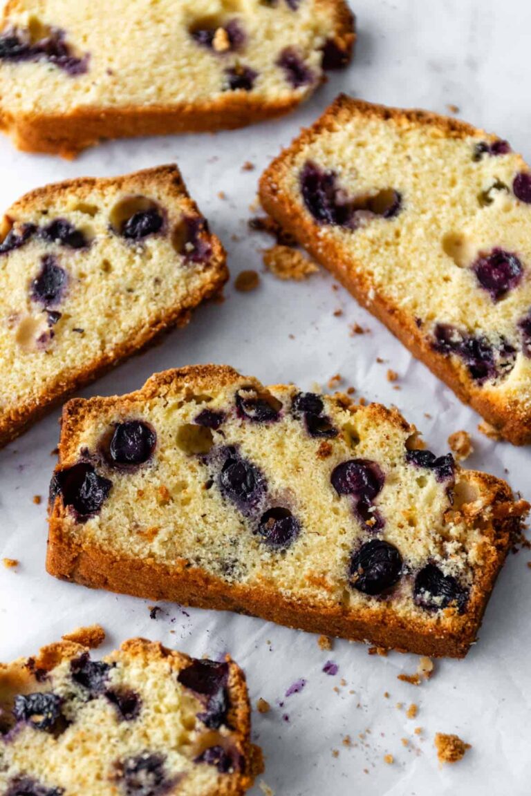 slices of lemon loaf with blueberries