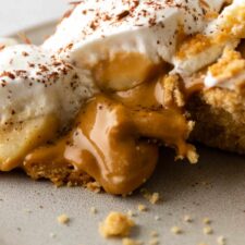 close up of a slice of banoffee pie