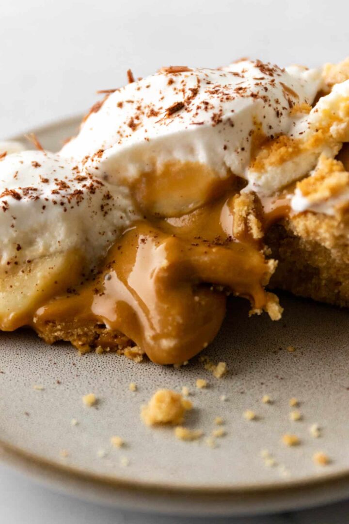 close up of a slice of banoffee pie