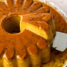 a pumpkin spice flan being served