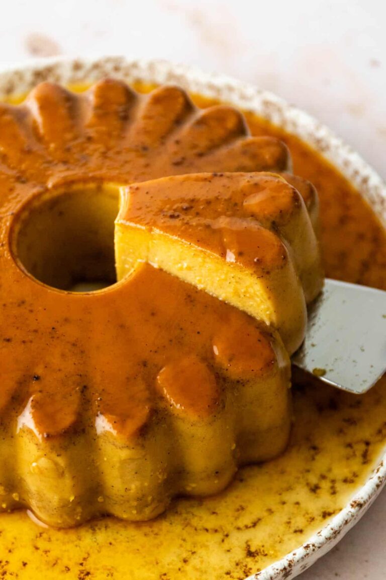 a pumpkin spice flan being served