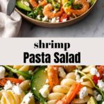 a plate with shrimp pasta salad