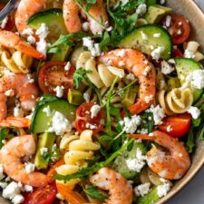 a plate served with shrimp pasta salad