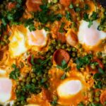 one-pan peas and eggs with chorizo and coriander