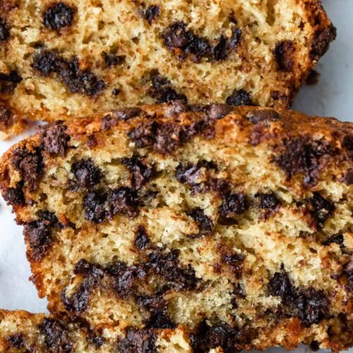 close-up of sliced banana bread with chocolate chips