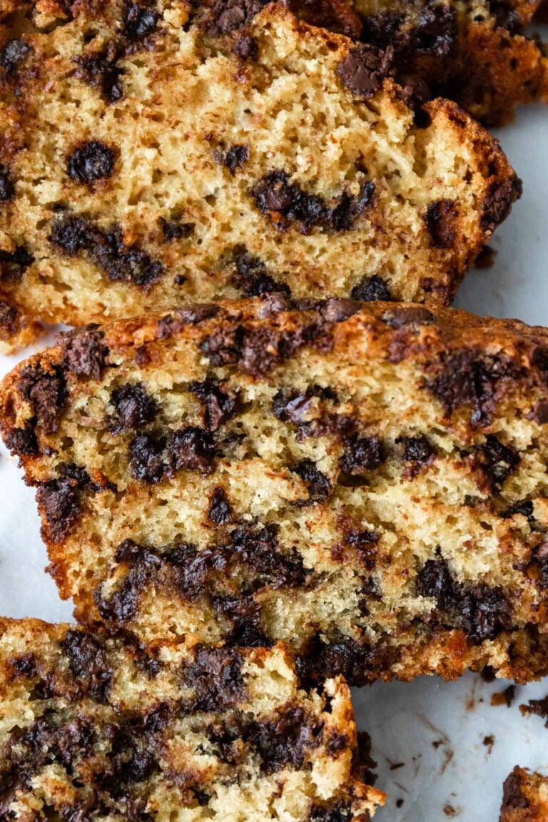 close-up of sliced banana bread with chocolate chips