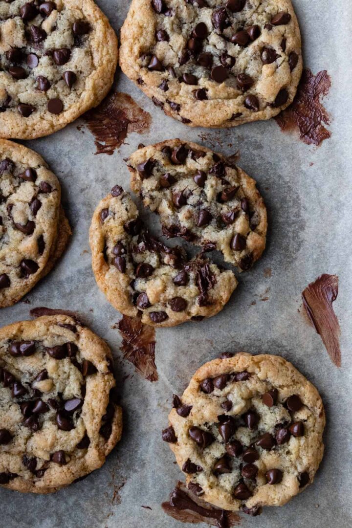 baking tray with large cookies with chocolate chips