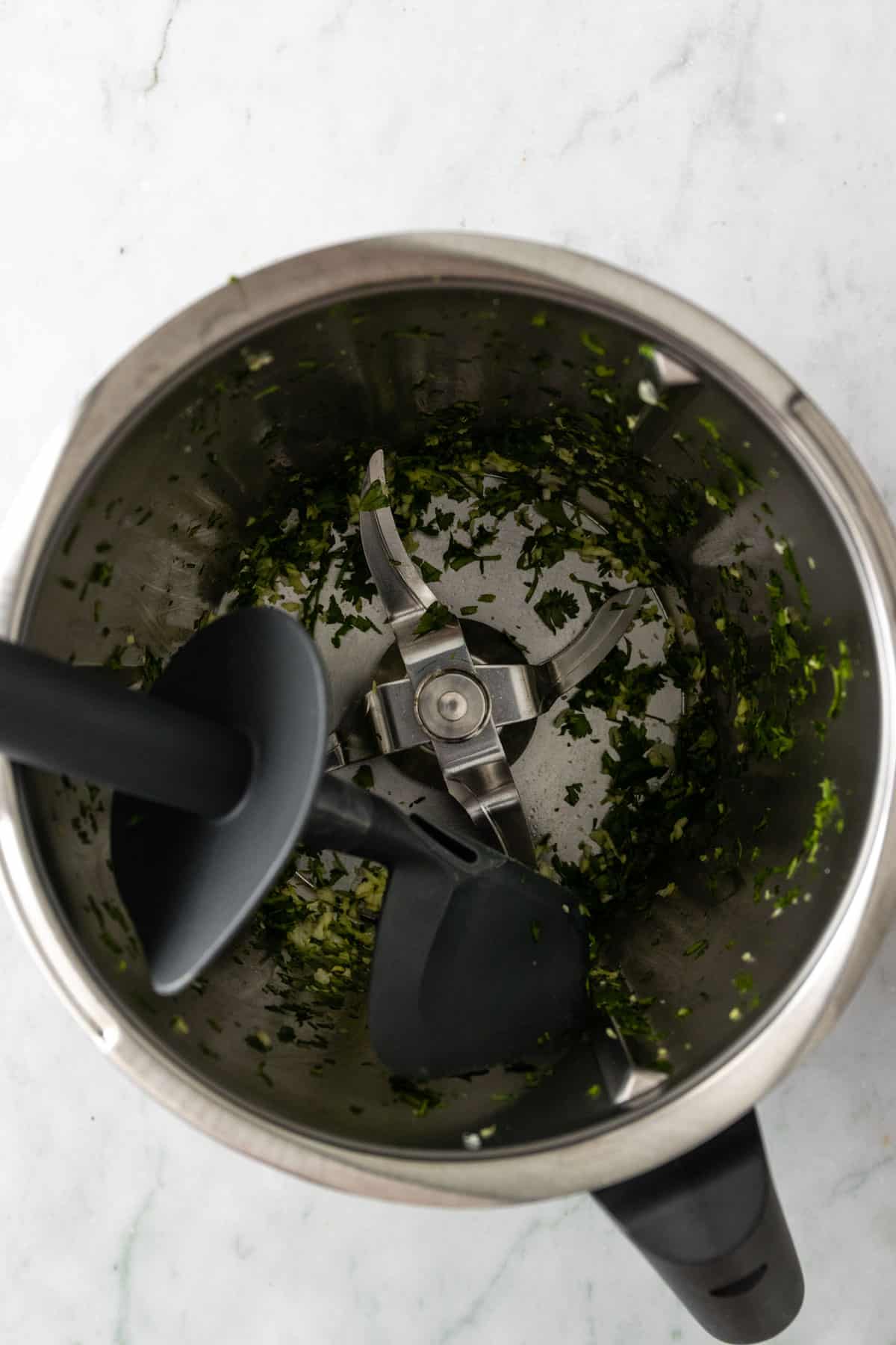 Chopped coriander inside the thermomix